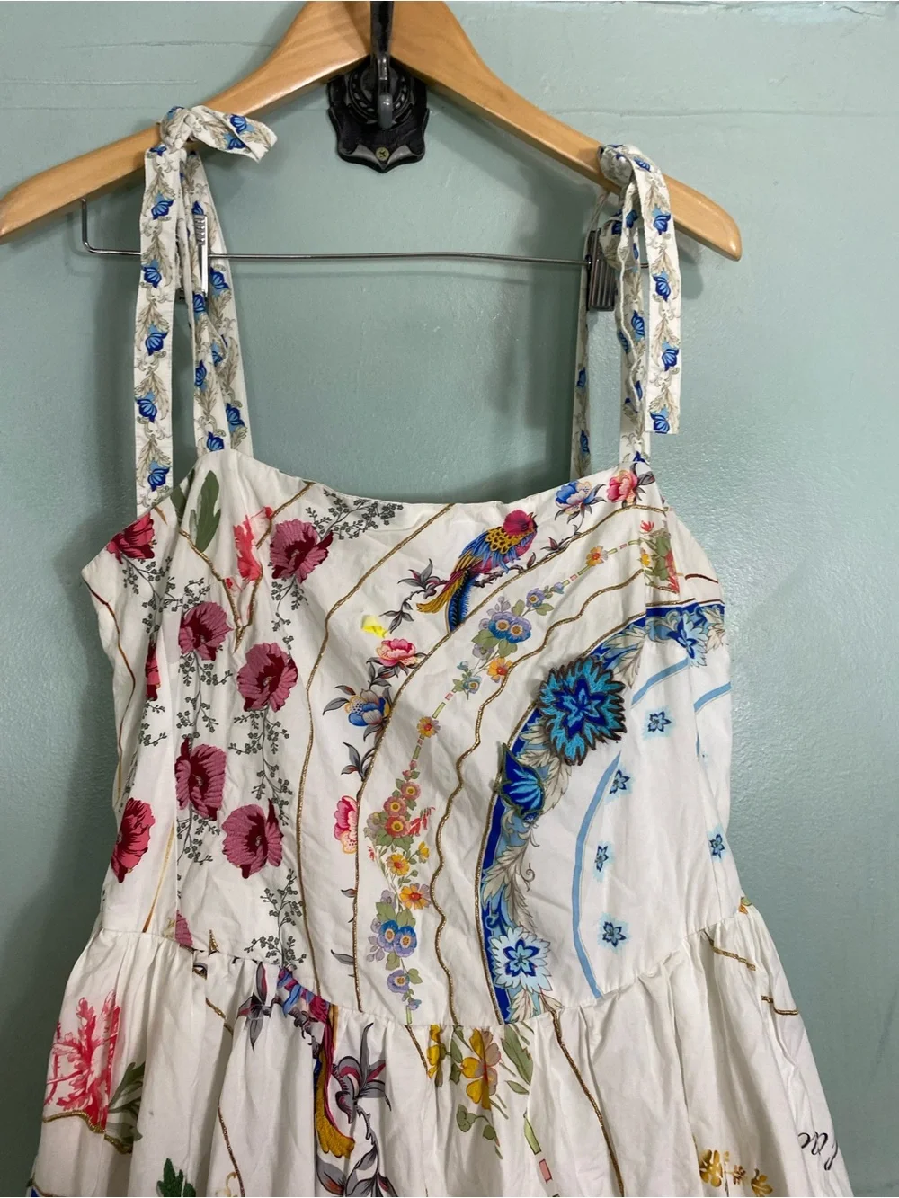 Anthropologie Tie Strap Printed Midi Dress Floral Sundress Birds Large - Picture 3 of 13